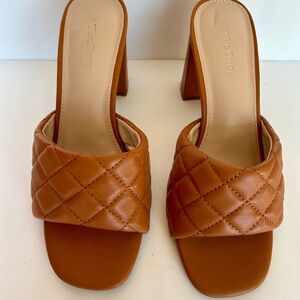 Quilted Cognac Leather Block Heel Mules by The Drop